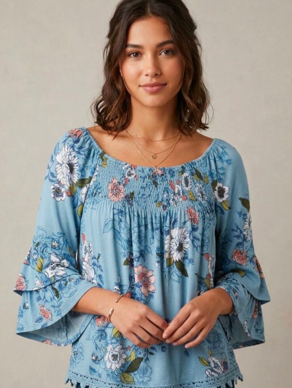 LUQ Blue Pink White Floral Flowy Crochet Hem Blouse Top Sz Large *See Note